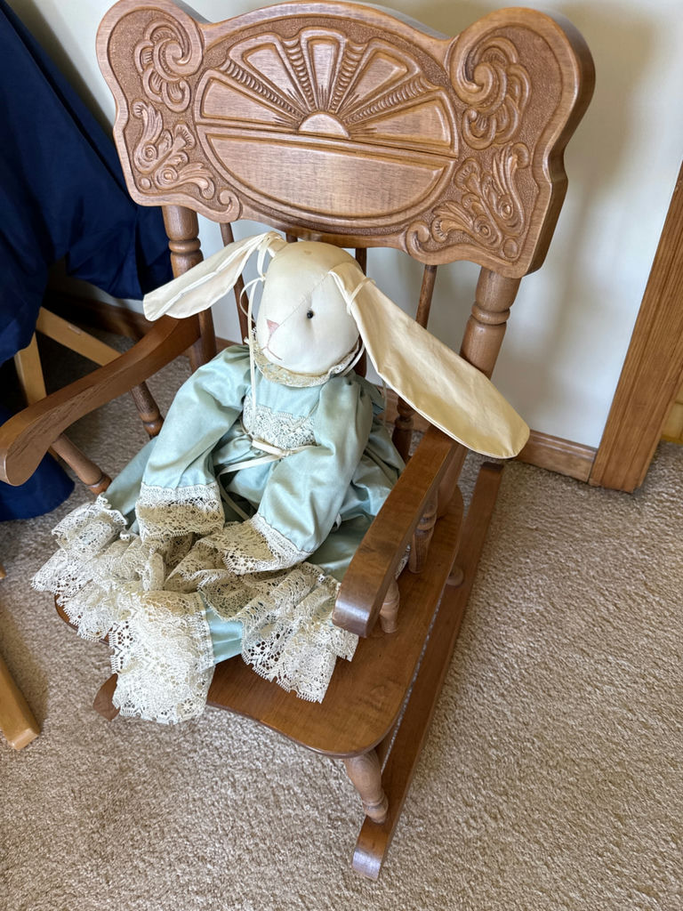 Wooden rocking chair with a plush bunny doll - image 3 of 3