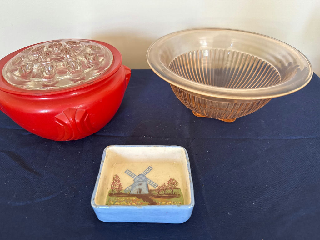 Red circular flower holder , Federal glass ribbed glass bowl, and windmill decorative tin - image 2 of 2
