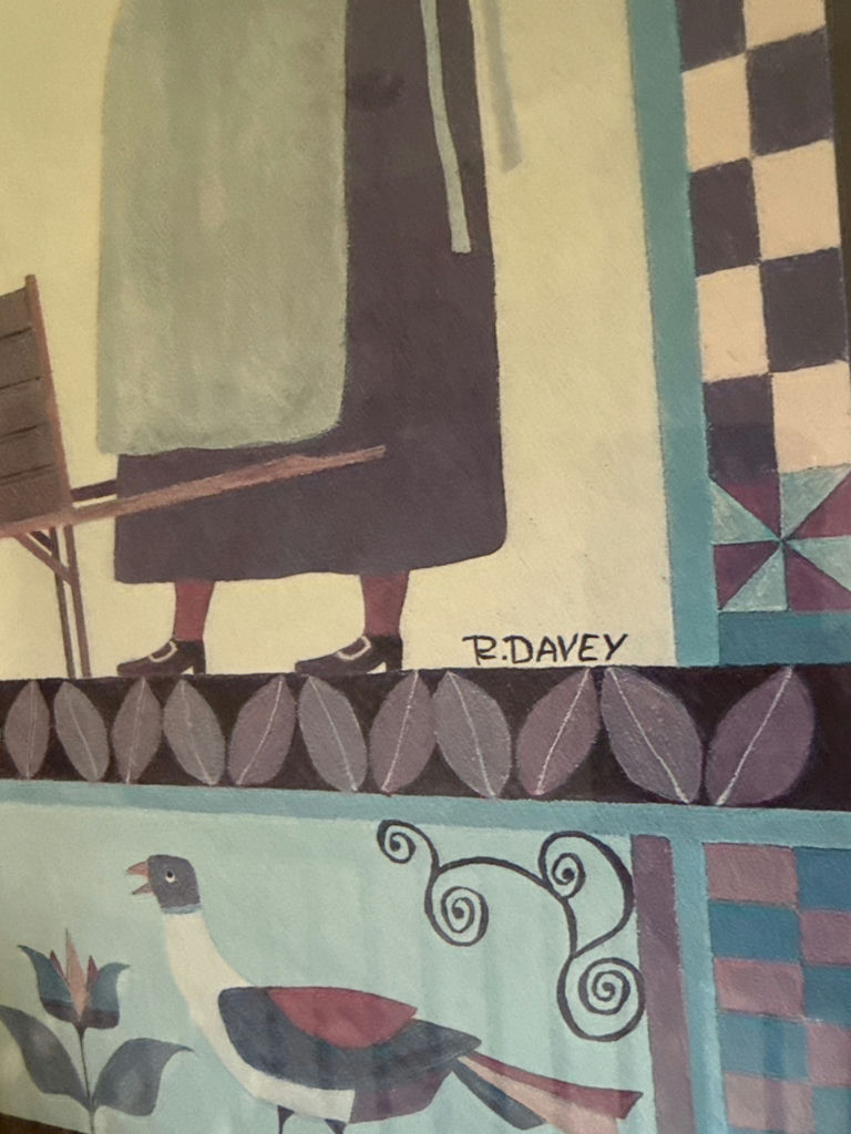 Framed folk-art print with a woman, cart and birds - image 2 of 2