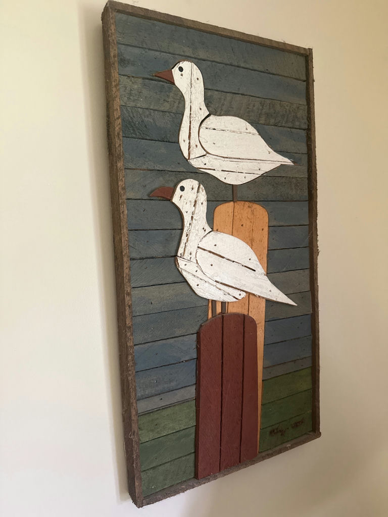Two White Birds on Rustic Wood Panel Signed - image 1 of 3