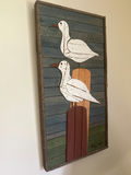 Two White Birds on Rustic Wood Panel Signed - thumbnail 1 of 3
