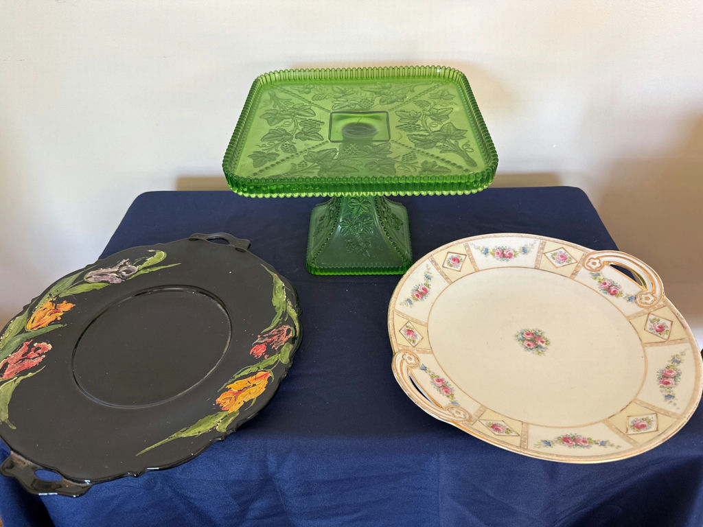 Indiana Green Glass Pedestal Cake Stand, Black Floral Plate, and Floral Rim Plate - image 2 of 3