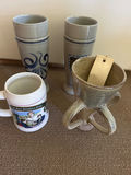 Two ceramic beer steins, a novelty mug, and a ceramic pour-over dripper - thumbnail 1 of 7