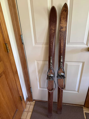 Vintage wooden skis with leather bindings - Image 1 of 3