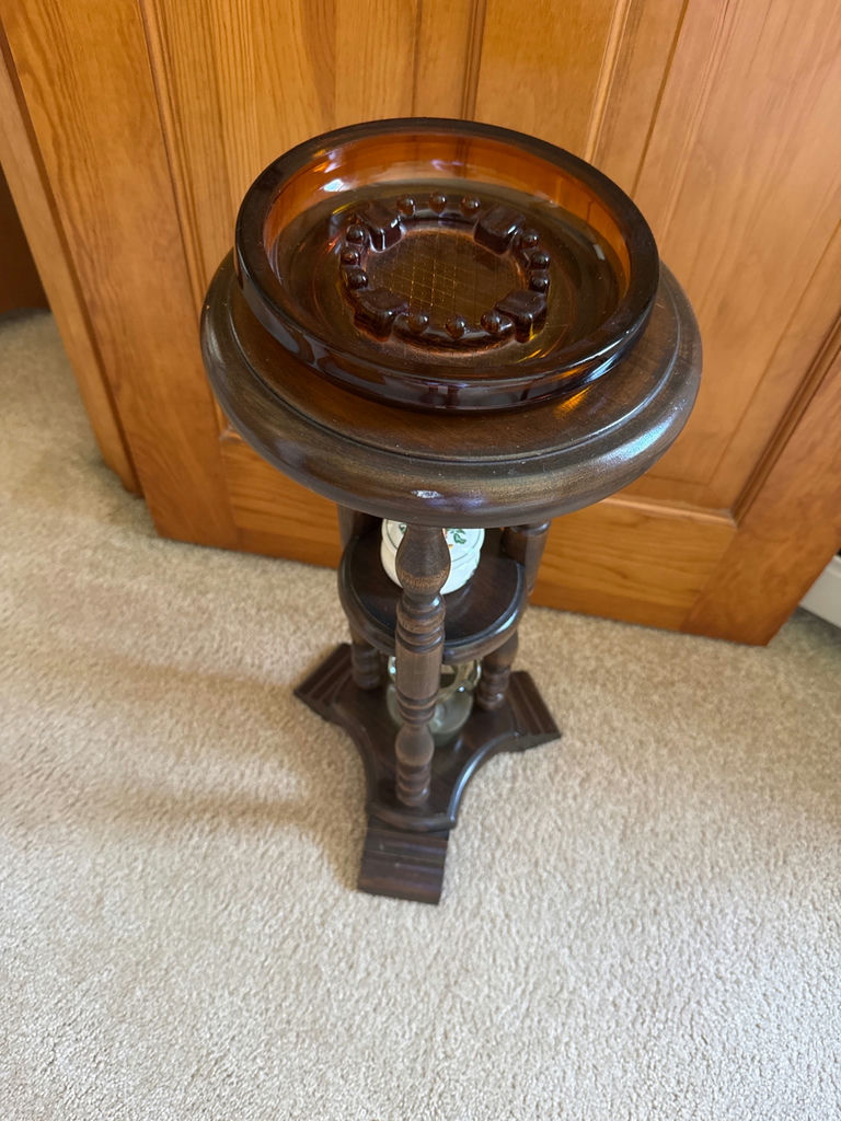 Three-tier wooden pedestal stand with amber glass top - image 2 of 2