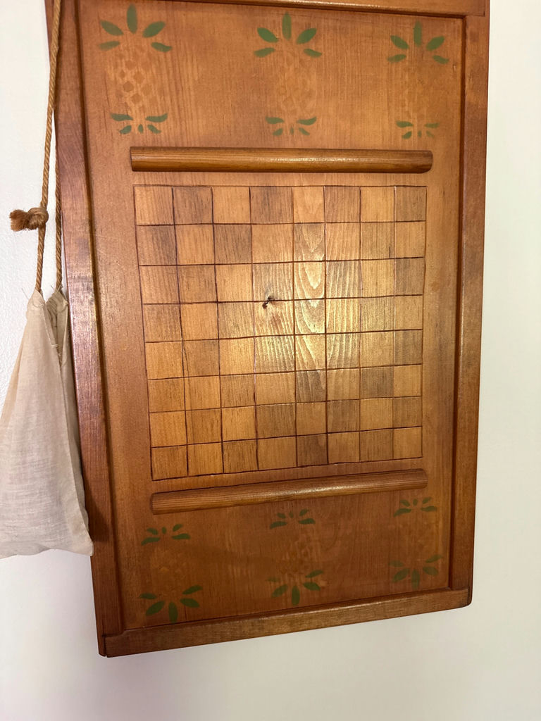 Wooden checkerboard wall plaque with grid board and hanging pouch - image 2 of 2