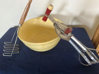 Vintage Kitchen Mixing Bowl with Hand-Crank Mixer Attachments - Image 1 of 2