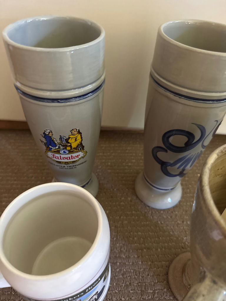 Two ceramic beer steins, a novelty mug, and a ceramic pour-over dripper - image 3 of 7