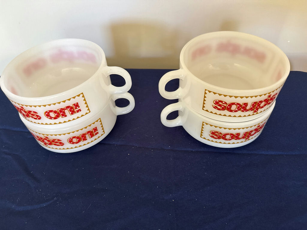 Four white ceramic soup mugs with 'SOUPS ON' labels - image 2 of 2