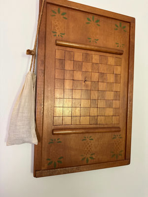 Wooden checkerboard wall plaque with grid board and hanging pouch - Image 1 of 2