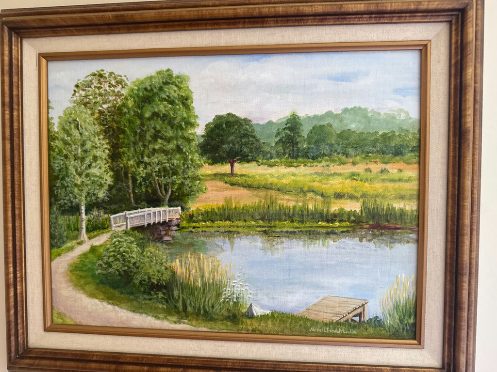 Blackstone Canal Framed landscape painting with pond, dock, and footbridge - image 2 of 2