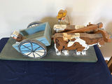 Vintage wooden pull-toy set with cow-drawn cart, blue wagon, and Nantucket Island base - thumbnail 4 of 4