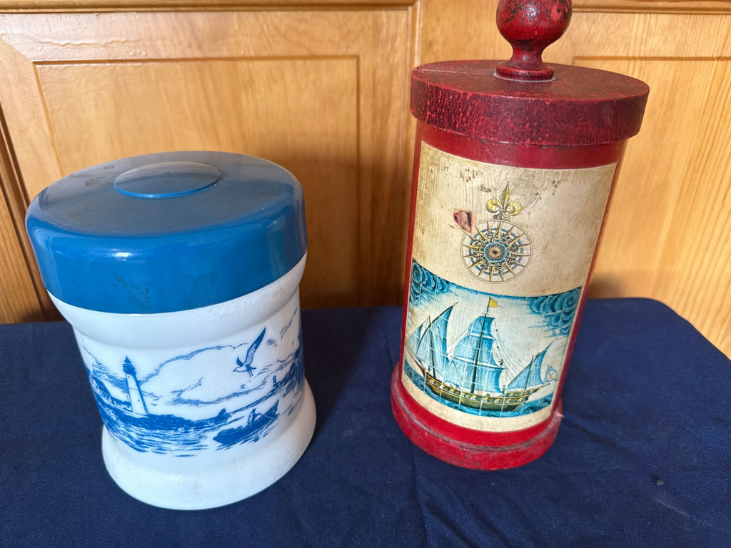 Tobacco holders - Blue and white ceramic canister with lid and red nautical tin - image 1 of 1
