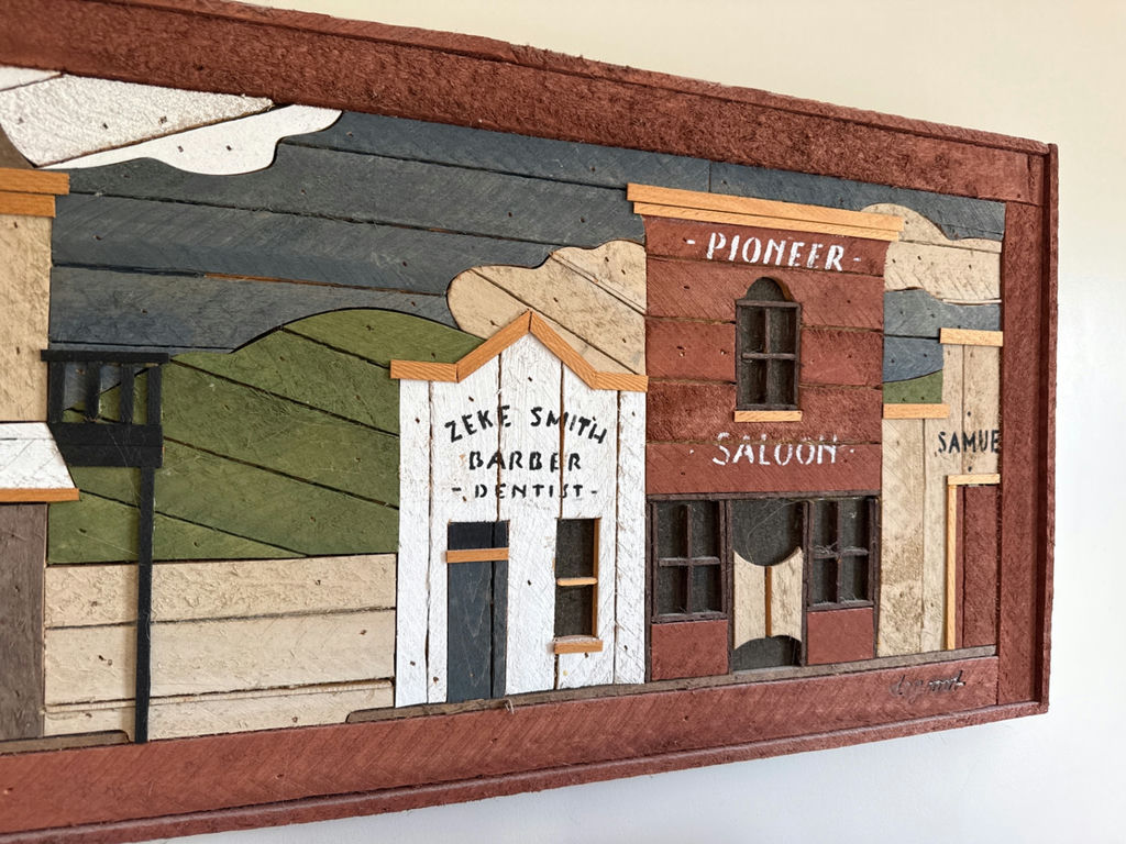 Wooden mosaic wall panel of a Western town storefront row - image 5 of 5