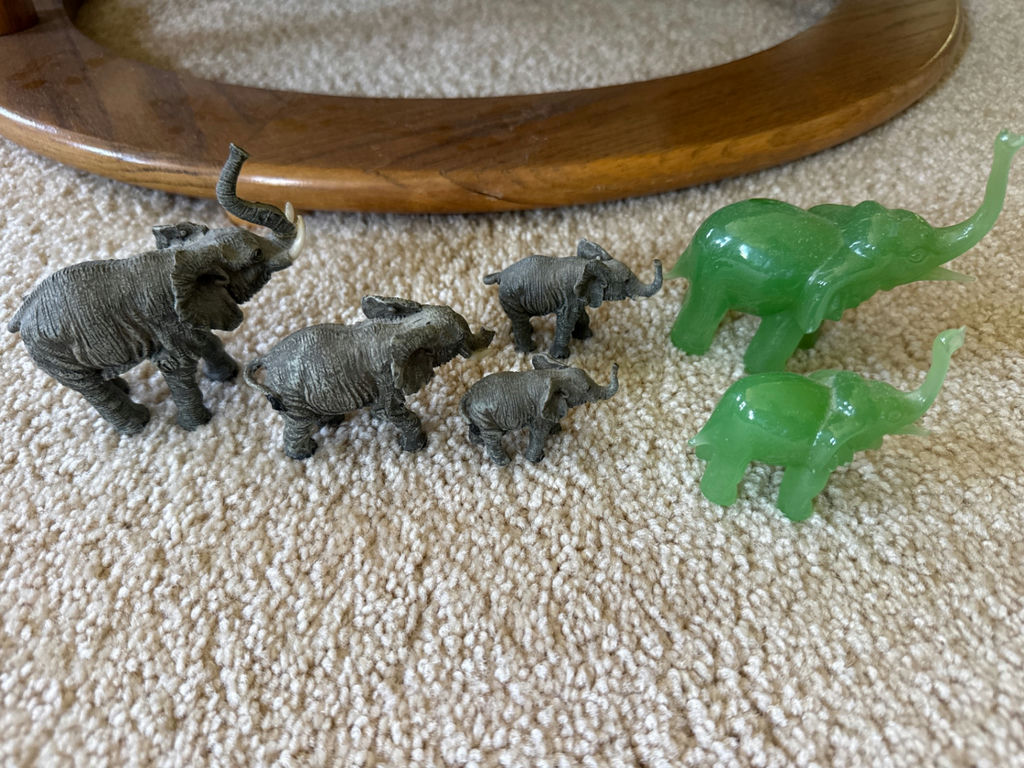 Elephant figurines (gray and green) - image 1 of 2