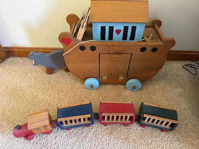 Wooden Noah’s Ark toy ship with animals and train cars and animal figures - Image 1 of 4