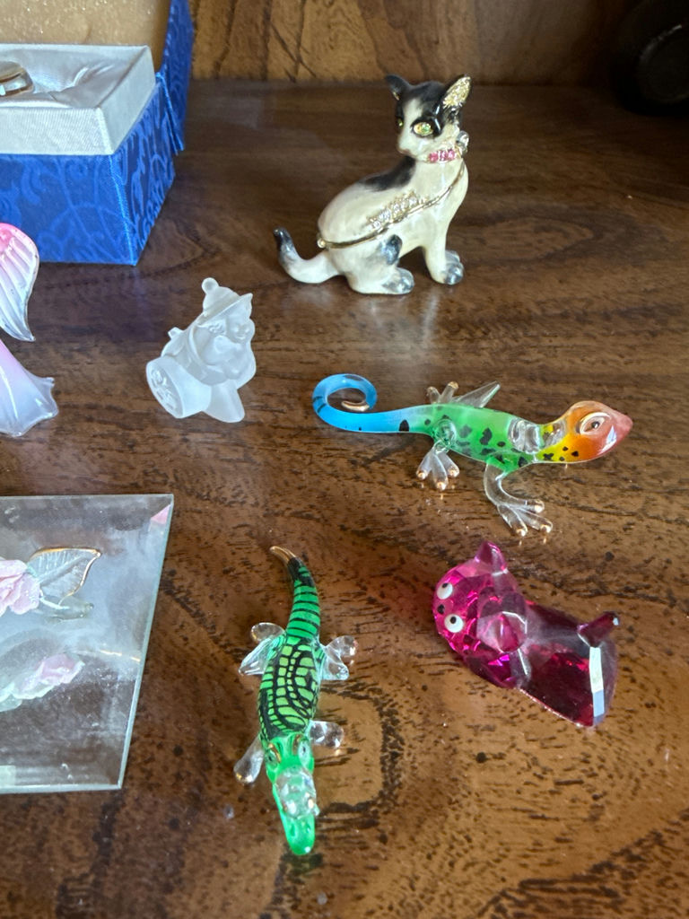 Assorted glass figurines, jewelry box with rings, vintage pencil sharpener - image 3 of 7