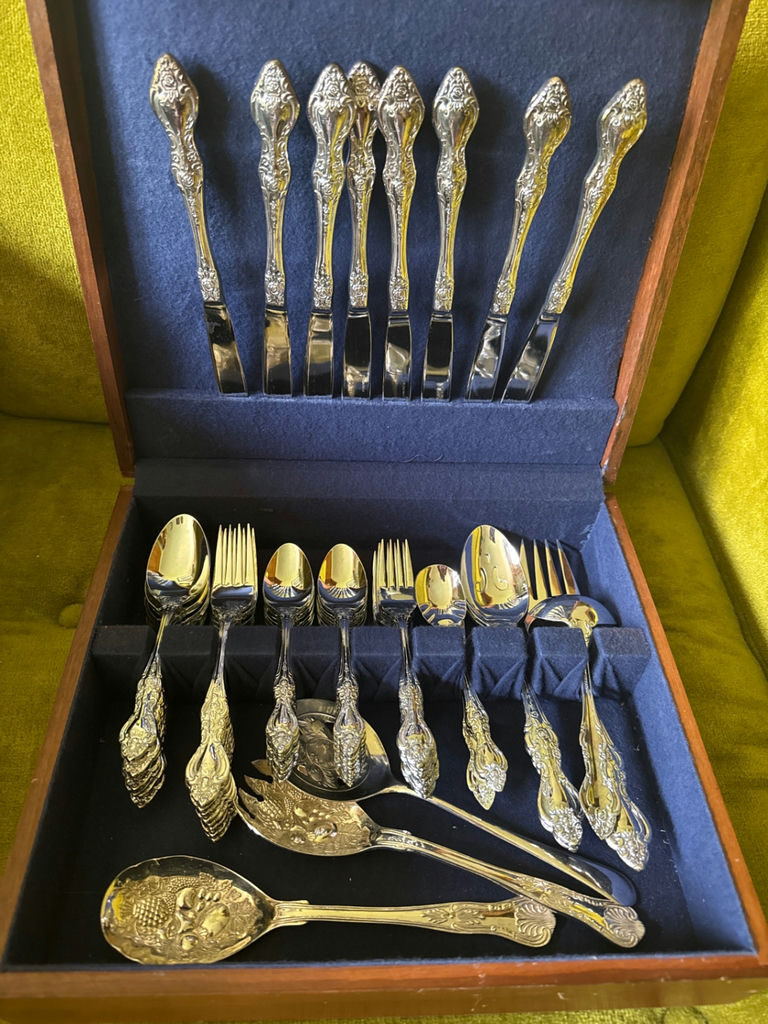 54-piece ornate silver-plated flatware set in blue-lined wooden chest - image 2 of 6
