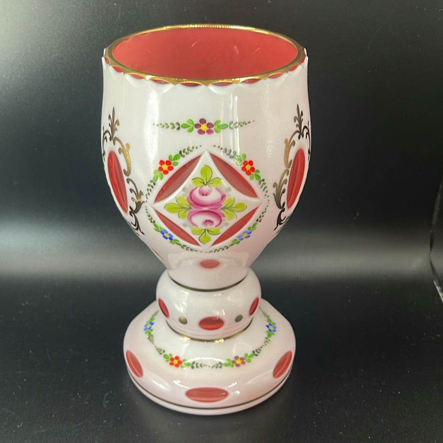 Vintage Bohemian Cased Glass Vase, Czech White Overlay Cut to Cranberry, Hand Painted Floral 7””. - image 4 of 18