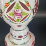 Vintage Bohemian Cased Glass Vase, Czech White Overlay Cut to Cranberry, Hand Painted Floral 7””. - thumbnail 8 of 18