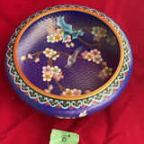 Vintage Chinese Cloisonné Set: 10" Floral/Bird Plate & 8" Cobalt Blossom Bowl - thumbnail 6 of 10