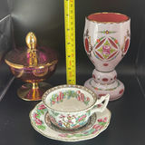 Vintage Bohemian Cased Glass Vase, Czech White Overlay Cut to Cranberry, Hand Painted Floral 7””. - thumbnail 3 of 18