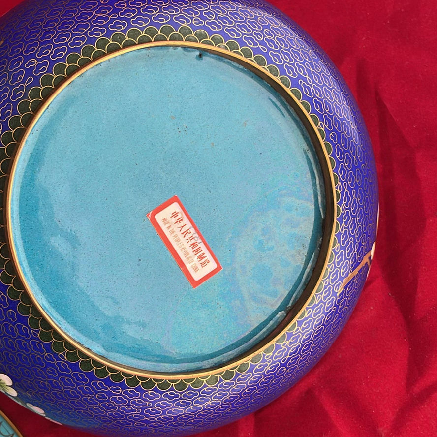 Vintage Chinese Cloisonné Set: 10" Floral/Bird Plate & 8" Cobalt Blossom Bowl - image 8 of 10
