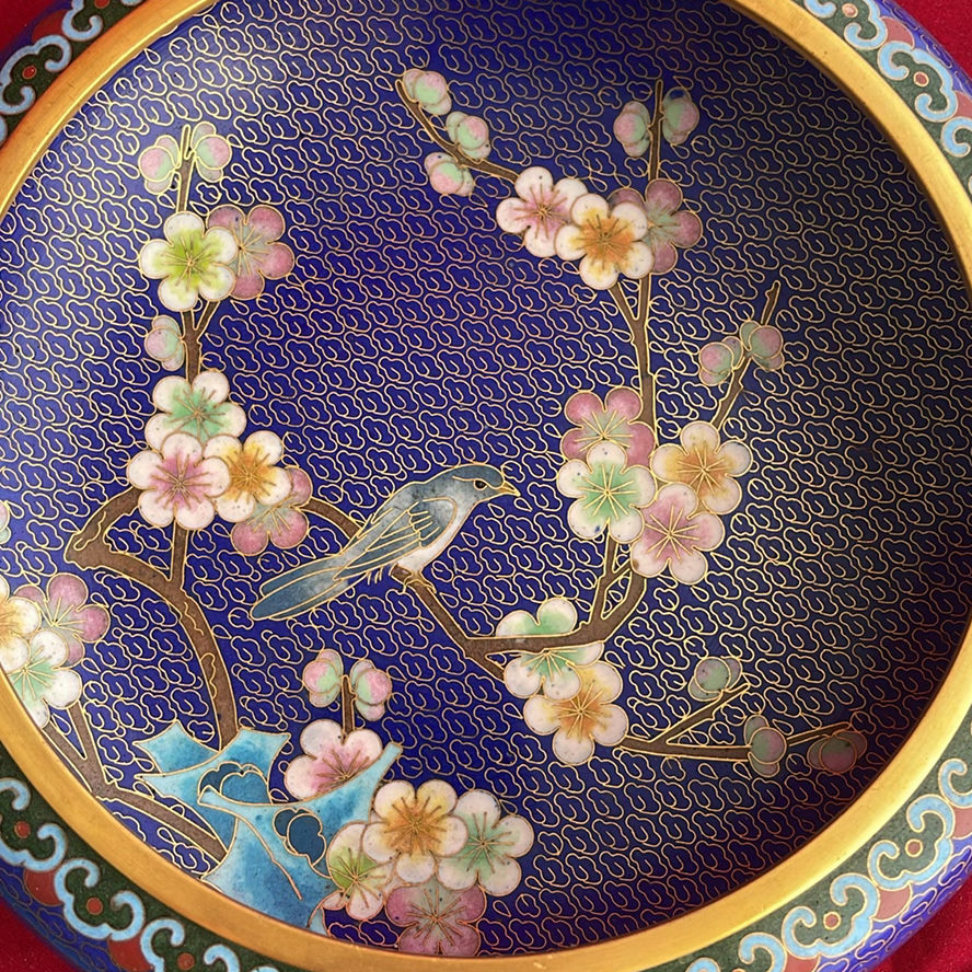 Vintage Chinese Cloisonné Set: 10" Floral/Bird Plate & 8" Cobalt Blossom Bowl - image 7 of 10