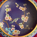 Vintage Chinese Cloisonné Set: 10" Floral/Bird Plate & 8" Cobalt Blossom Bowl - thumbnail 7 of 10