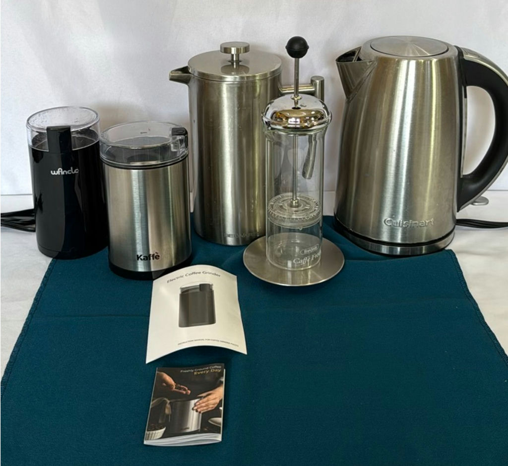 Electric kettle, coffee grinders, and French press - image 1 of 4