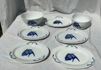Vintage Misty Rose Porcelain Plates featuring Koi - Image 1 of 7
