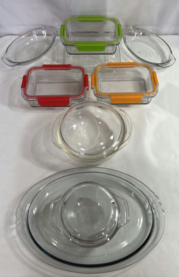 Glass storage containers with colored lids and glass bowls - Image 1 of 3