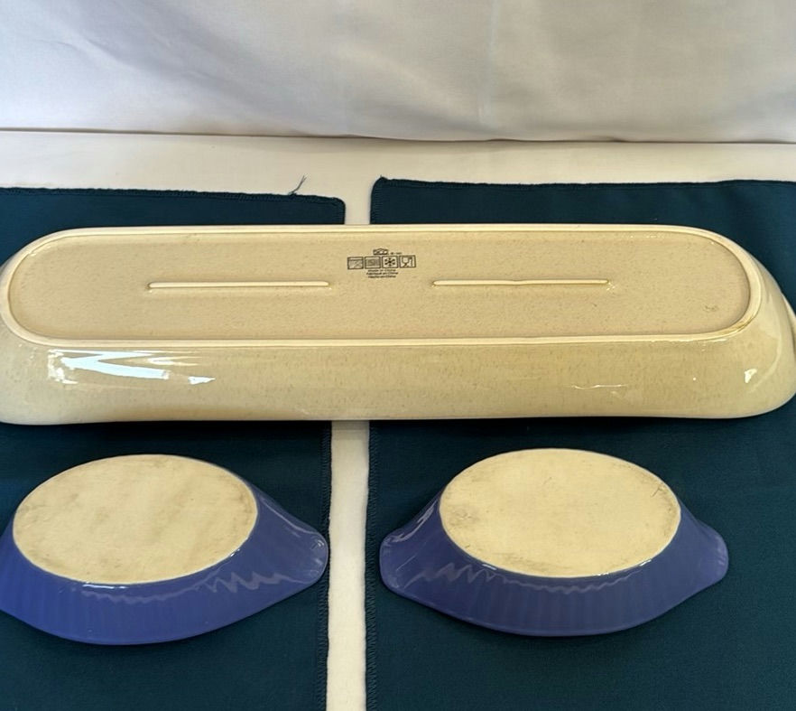 Red enamel Dutch oven with lid, blue oval bowls, beige rectangular tray, and white ramekins - image 6 of 9