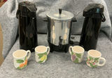 Three beverage urns with fruit-pattern mugs - thumbnail 1 of 6