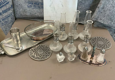 vintage small glass oil lamps, silver plate, etc. - Image 1 of 4