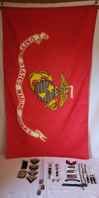 Lot Of USMC Military Flag, Patches, Dog Tags & Pins - Image 1 of 8