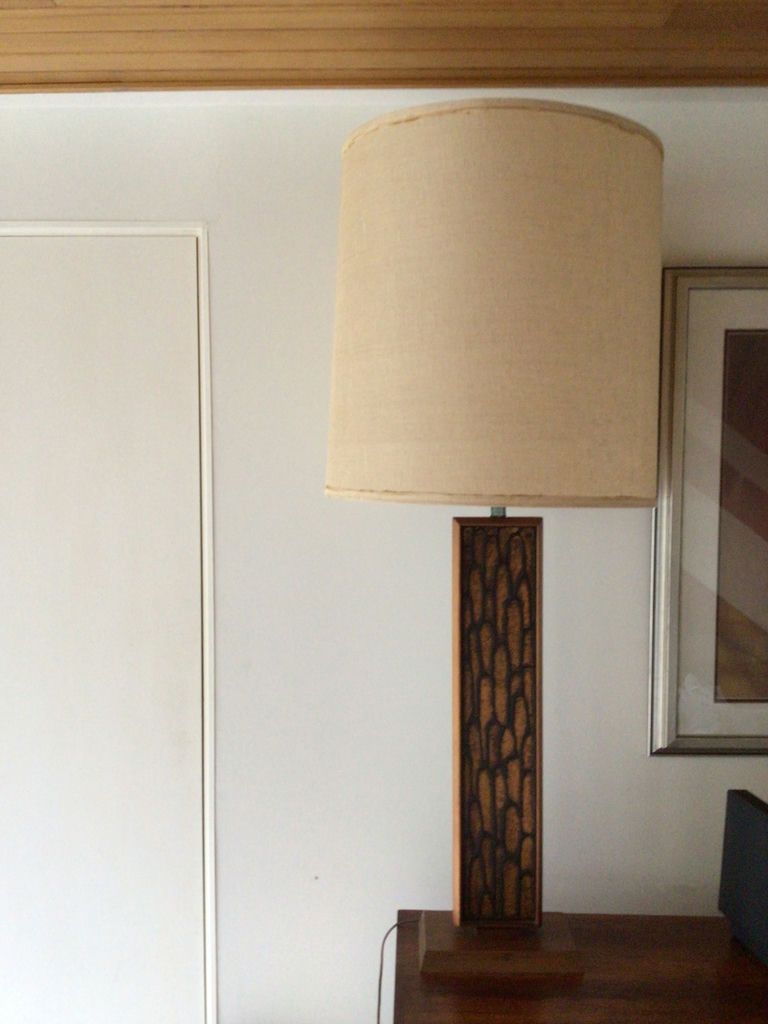 Table lamp with beige drum shade and carved wood base - image 3 of 3