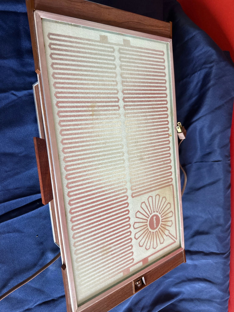 Vintage wooden-framed electric heater with frosted glass panel - image 1 of 3
