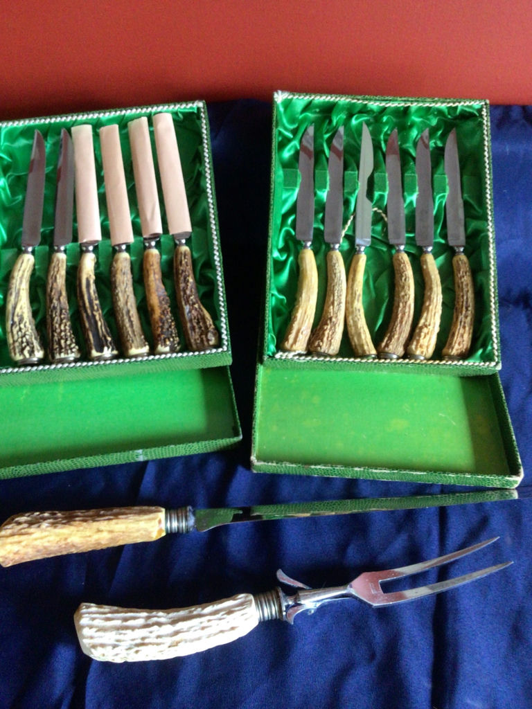 Antler-Handled Knife Set with Engraved Blades - image 1 of 3