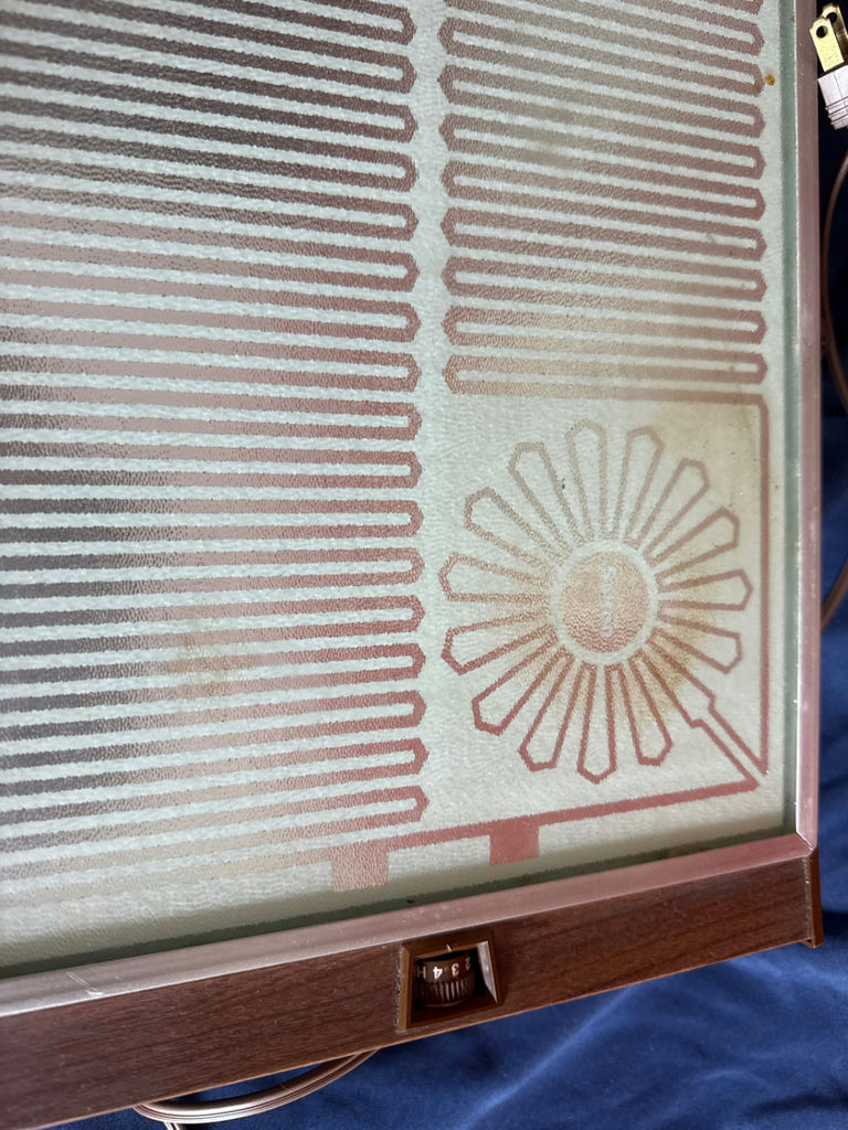 Vintage wooden-framed electric heater with frosted glass panel - image 2 of 3