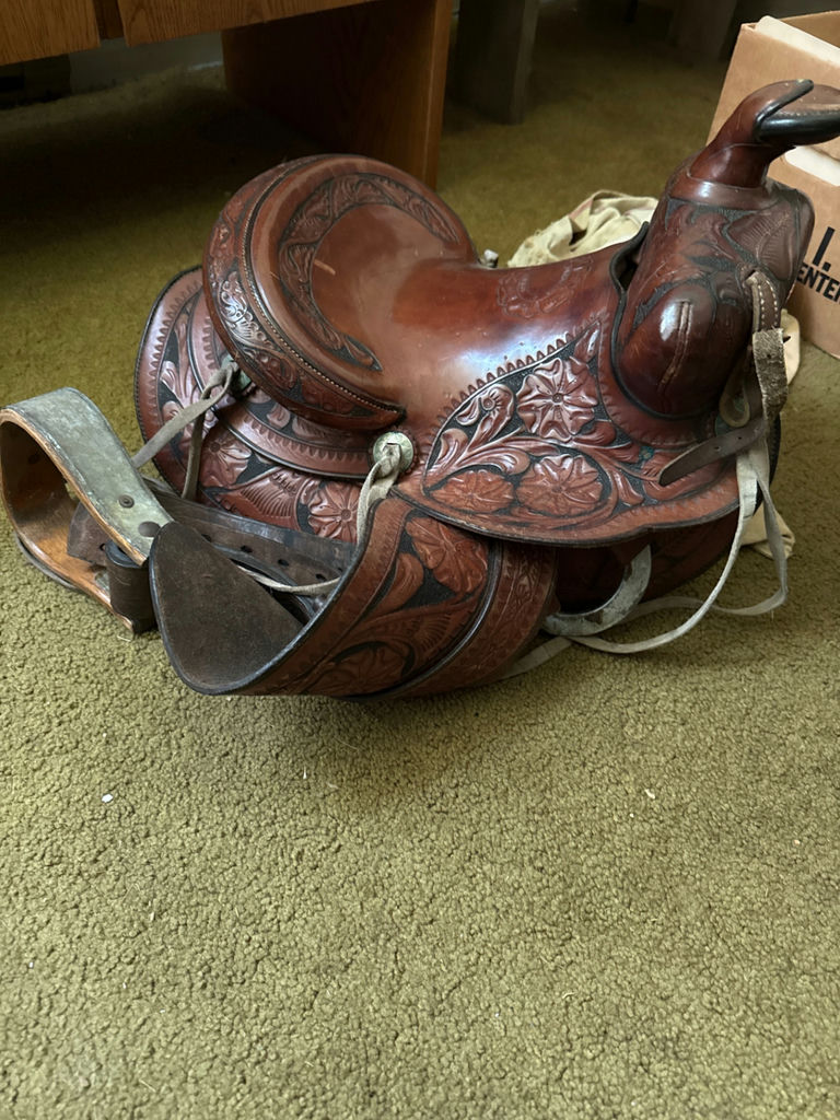 Leather Western saddle with floral tooling - image 1 of 3