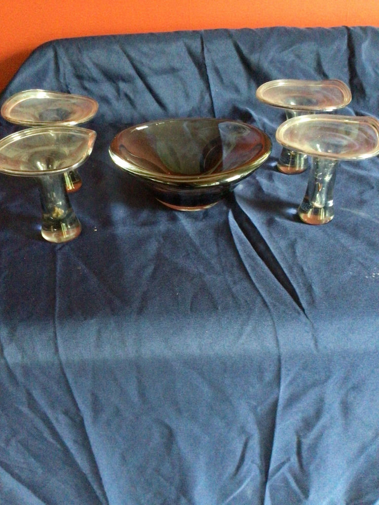 Smoky glass centerpiece with central bowl and four pedestal dishes - image 2 of 3