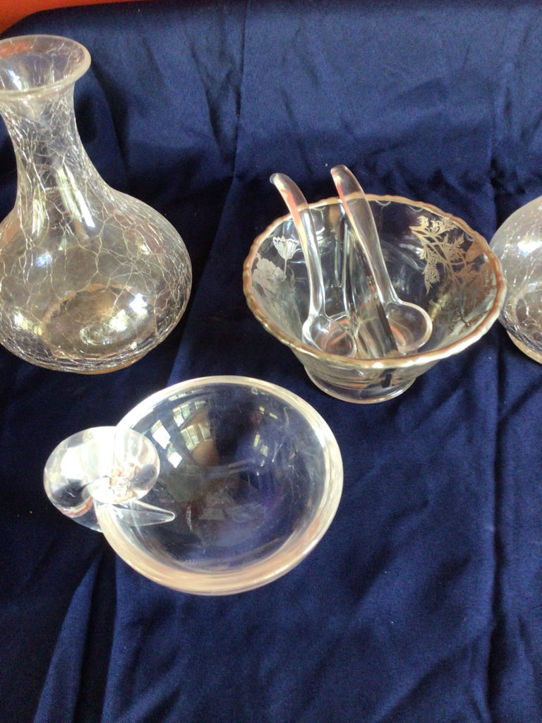 Glassware set with two crackled decanters, etched bowl with spoons, and a lidded dish - image 1 of 2