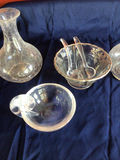 Glassware set with two crackled decanters, etched bowl with spoons, and a lidded dish - thumbnail 1 of 2
