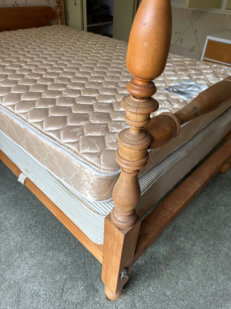 Wooden bed frame with turned posts and mattress - image 2 of 4