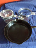 Griswold Cast iron skillet with two vintage Pyrex Flameware glass cookware pots - thumbnail 3 of 5