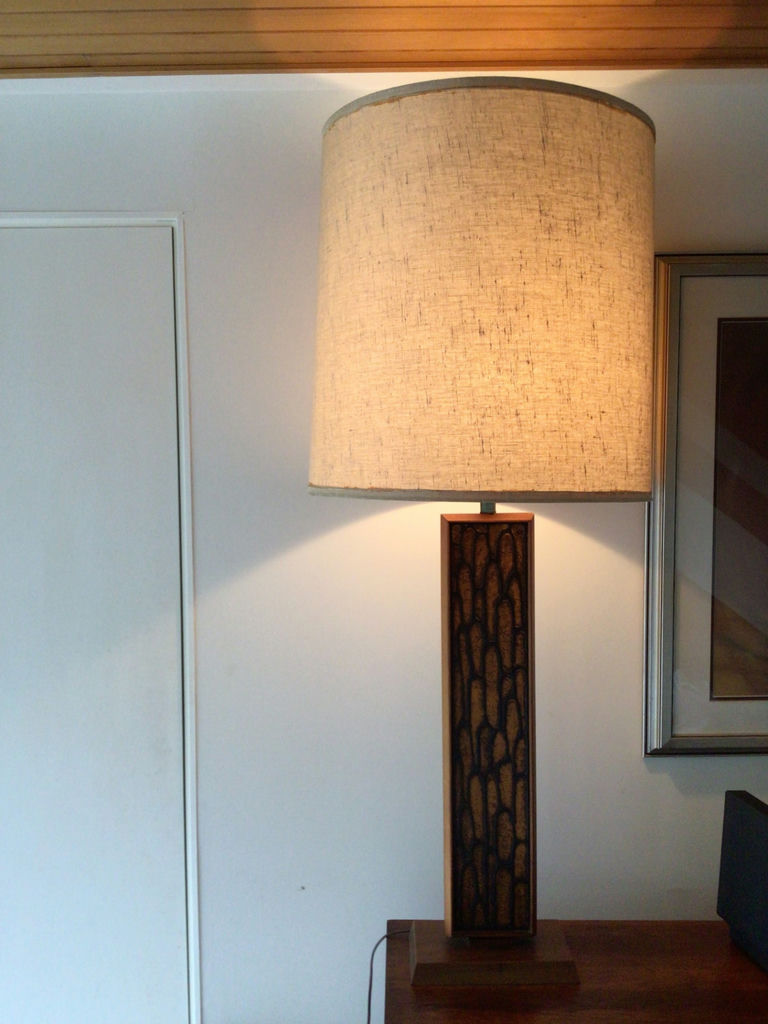 Table lamp with beige drum shade and carved wood base - image 2 of 3