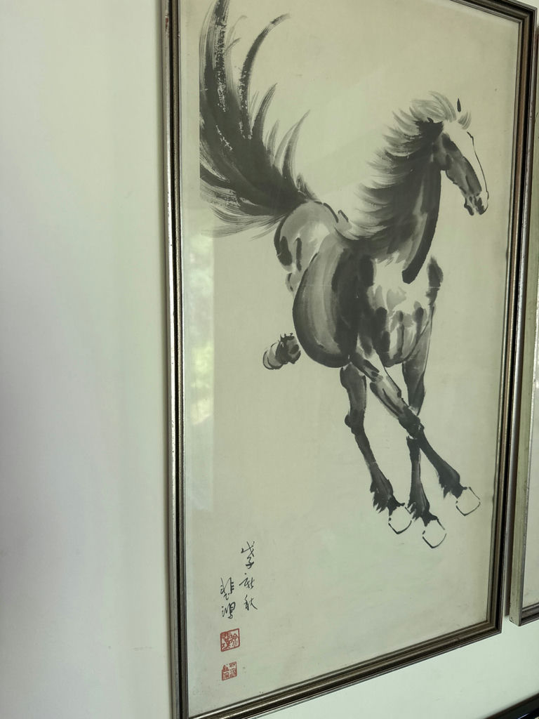 Framed ink painting of a galloping horse with Chinese calligraphy - image 2 of 3
