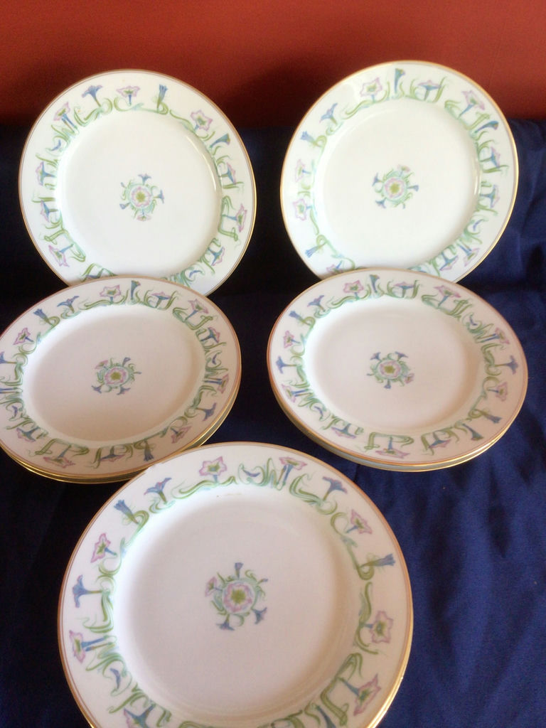 Six Haviland Limoges porcelain plates with green floral border - image 1 of 4