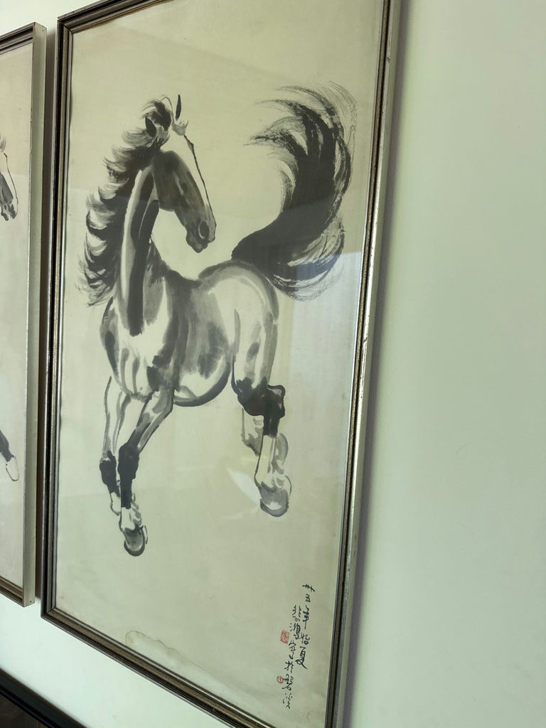Framed Ink Horse Painting with Calligraphy 17x30. Minor damage as seen in pic - image 2 of 4